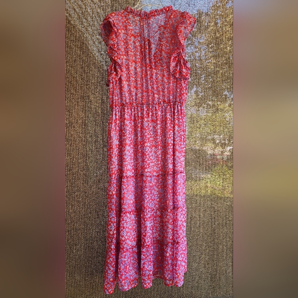 Black Tape  Pink Dress with Blue and Periwinkle Flowers, Flutter Sleeves - Picture 2 of 2